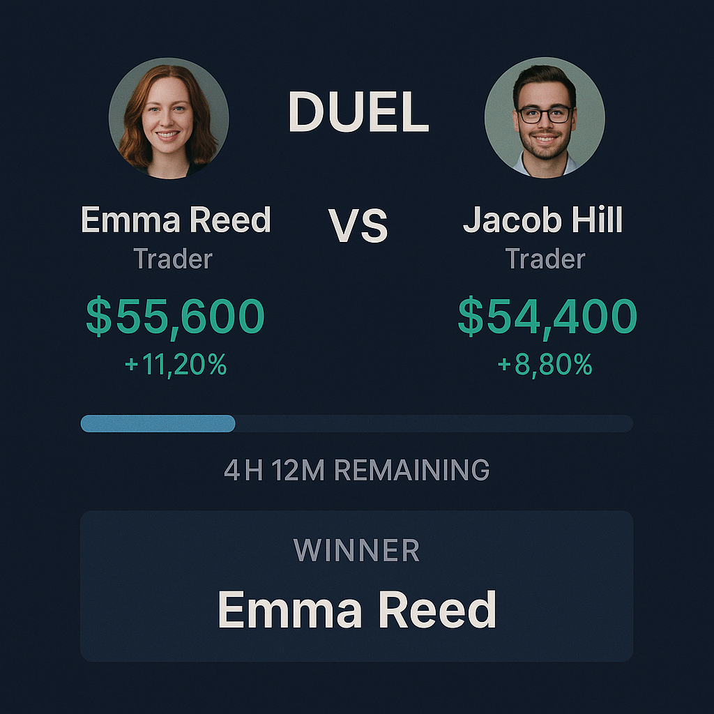 Duel screen with trader profiles and results